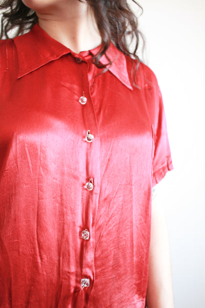 1930s Ruby Silk Satin Button Up Blouse