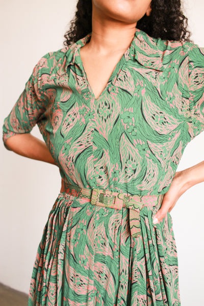 1940s Jade Green Print Rayon Pleated Dress