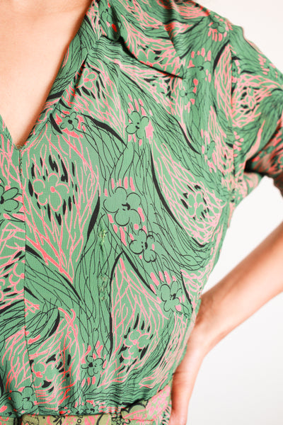 1940s Jade Green Print Rayon Pleated Dress