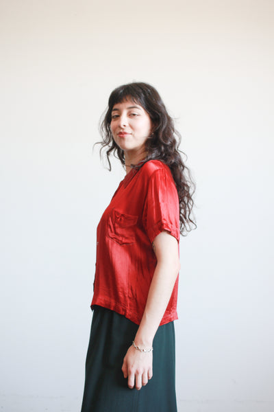 1930s Ruby Silk Satin Button Up Blouse