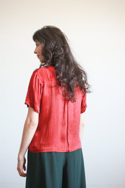 1930s Ruby Silk Satin Button Up Blouse
