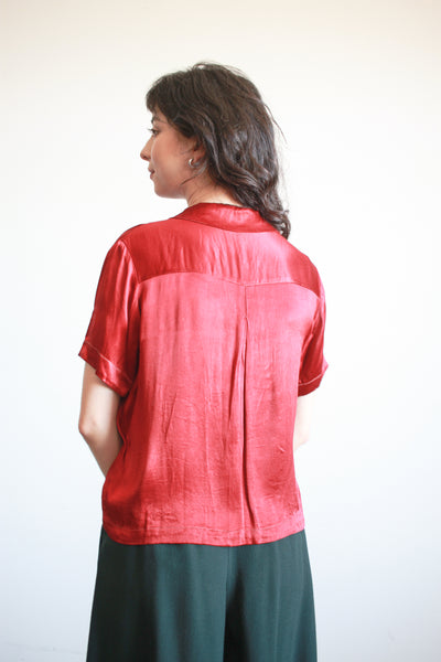 1930s Ruby Silk Satin Button Up Blouse