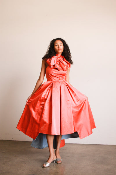 1950s Mimi Cummings Orange Red Satin Bow Gown