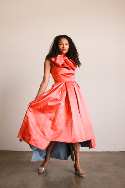 1950s Mimi Cummings Orange Red Satin Bow Gown