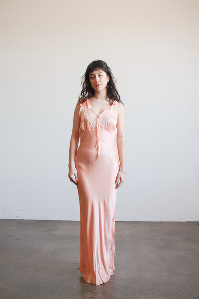 1940s Blush Silk Charmeuse Bias Pleated Nightgown