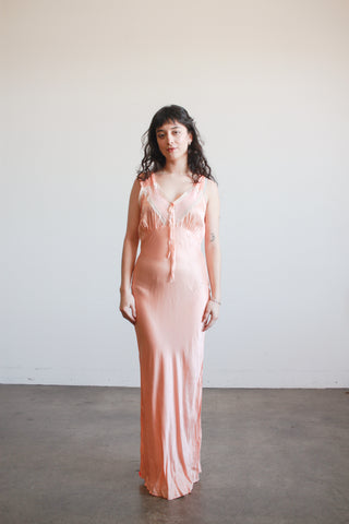 1940s Blush Silk Charmeuse Bias Pleated Nightgown