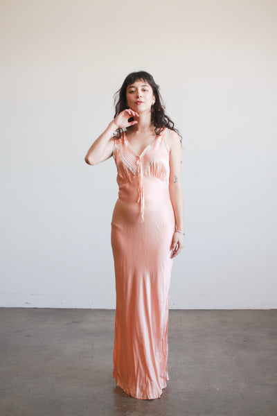 1940s Blush Silk Charmeuse Bias Pleated Nightgown