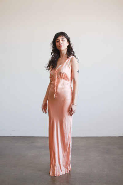1940s Blush Silk Charmeuse Bias Pleated Nightgown