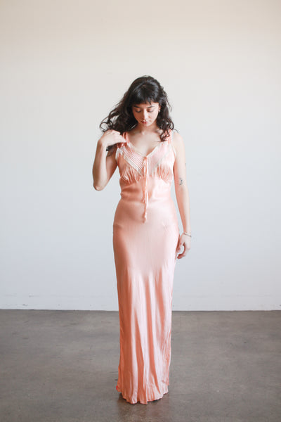 1940s Blush Silk Charmeuse Bias Pleated Nightgown