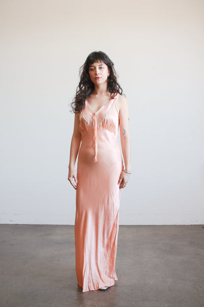 1940s Blush Silk Charmeuse Bias Pleated Nightgown