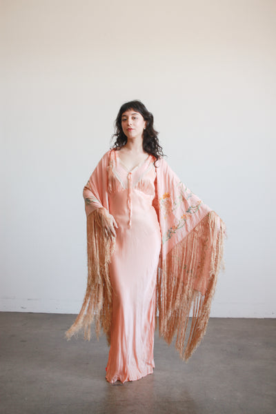 1930s Blush Silk Embroidered Fringe Piano Shawl