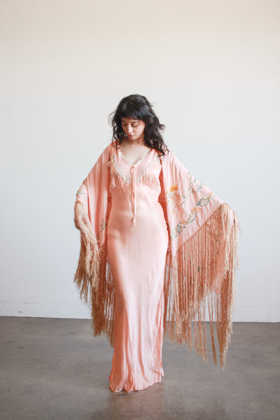 1930s Blush Silk Embroidered Fringe Piano Shawl
