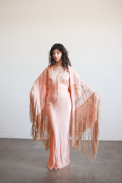 1930s Blush Silk Embroidered Fringe Piano Shawl