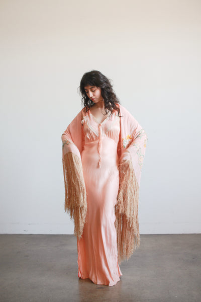 1930s Blush Silk Embroidered Fringe Piano Shawl