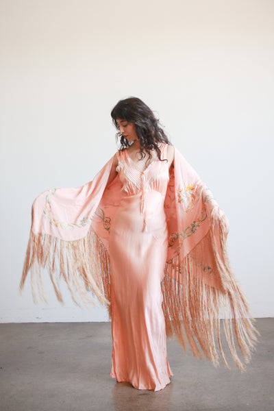 1930s Blush Silk Embroidered Fringe Piano Shawl