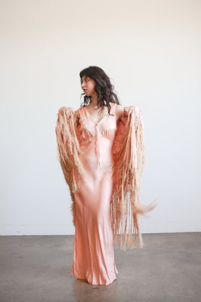1930s Blush Silk Embroidered Fringe Piano Shawl