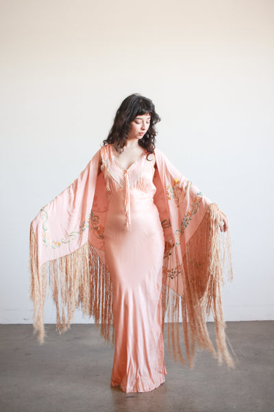 1930s Blush Silk Embroidered Fringe Piano Shawl