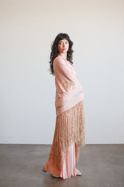 1930s Blush Silk Embroidered Fringe Piano Shawl