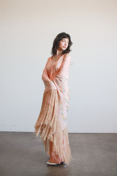 1930s Blush Silk Embroidered Fringe Piano Shawl