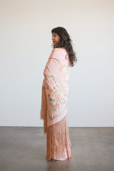 1930s Blush Silk Embroidered Fringe Piano Shawl