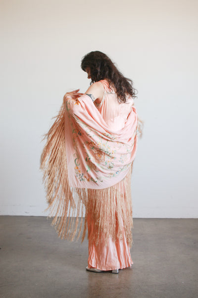 1930s Blush Silk Embroidered Fringe Piano Shawl