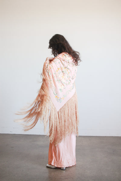 1930s Blush Silk Embroidered Fringe Piano Shawl