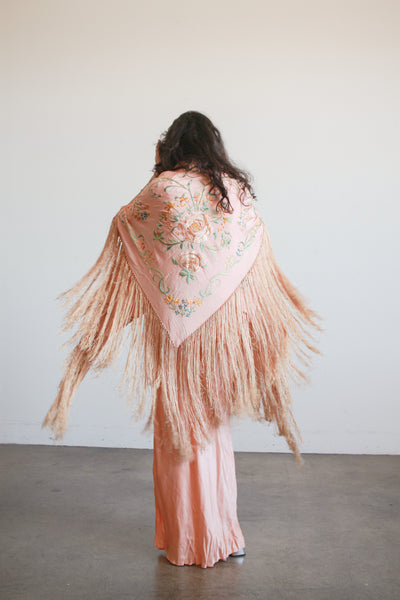 1930s Blush Silk Embroidered Fringe Piano Shawl