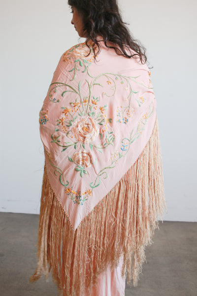 1930s Blush Silk Embroidered Fringe Piano Shawl