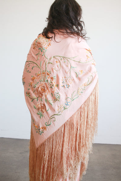 1930s Blush Silk Embroidered Fringe Piano Shawl