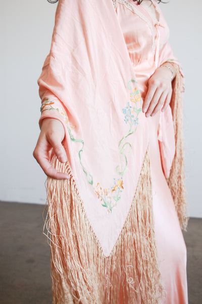 1930s Blush Silk Embroidered Fringe Piano Shawl