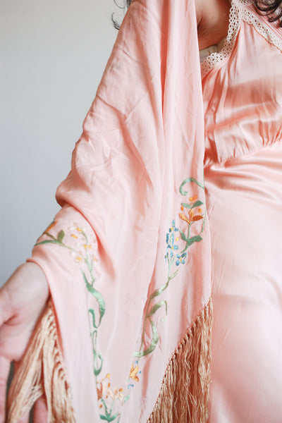 1930s Blush Silk Embroidered Fringe Piano Shawl