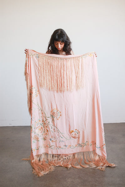 1930s Blush Silk Embroidered Fringe Piano Shawl