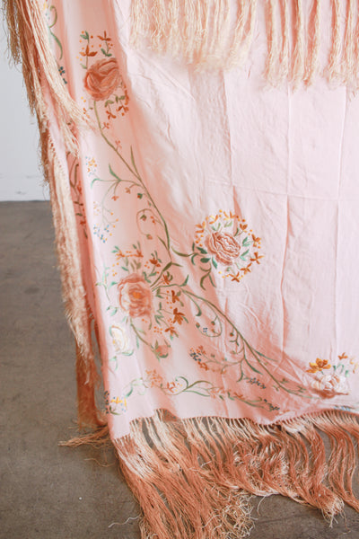 1930s Blush Silk Embroidered Fringe Piano Shawl