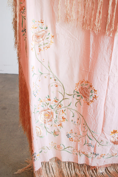 1930s Blush Silk Embroidered Fringe Piano Shawl