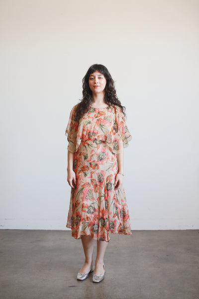1920s Print Chiffon Capelet Drop Waist Dress