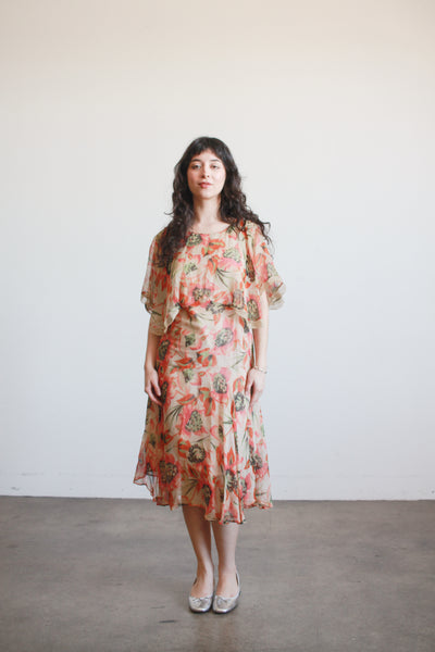 1920s Print Chiffon Capelet Drop Waist Dress