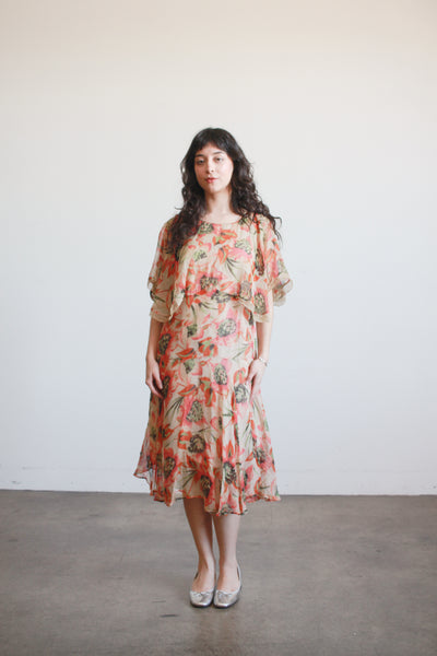 1920s Print Chiffon Capelet Drop Waist Dress