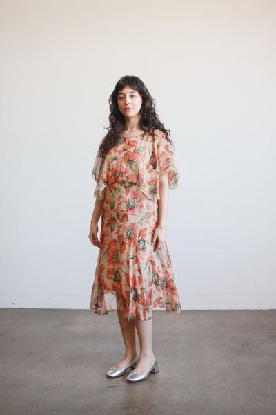 1920s Print Chiffon Capelet Drop Waist Dress