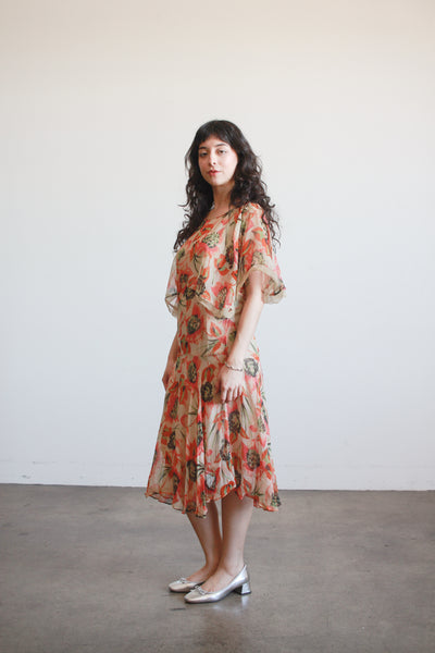 1920s Print Chiffon Capelet Drop Waist Dress