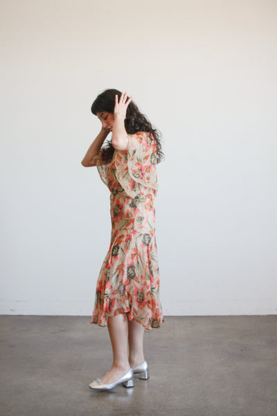 1920s Print Chiffon Capelet Drop Waist Dress