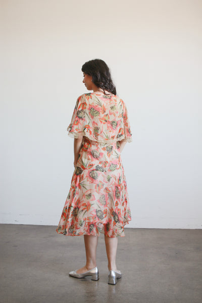 1920s Print Chiffon Capelet Drop Waist Dress