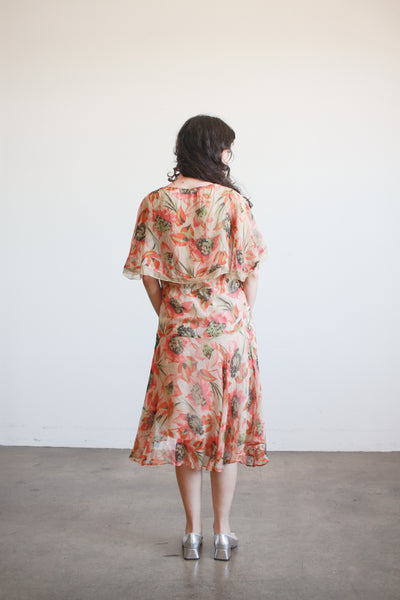 1920s Print Chiffon Capelet Drop Waist Dress