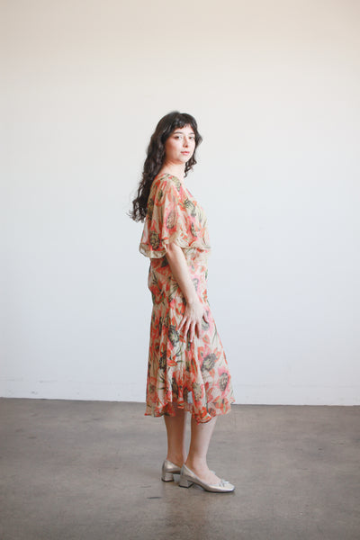 1920s Print Chiffon Capelet Drop Waist Dress