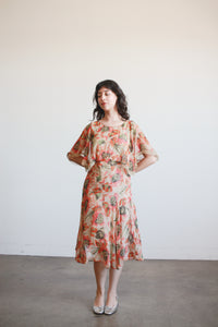 1920s Print Chiffon Capelet Drop Waist Dress – Blossom Vintage
