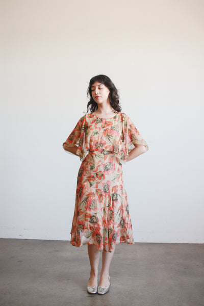 1920s Print Chiffon Capelet Drop Waist Dress