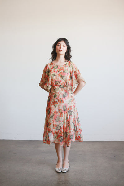 1920s Print Chiffon Capelet Drop Waist Dress