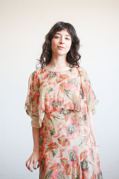 1920s Print Chiffon Capelet Drop Waist Dress