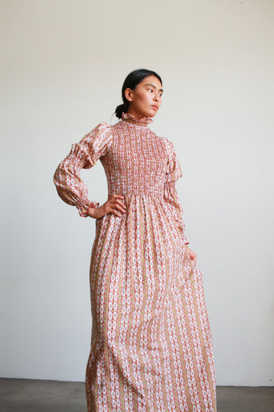 1960s Smock Pink Floral Print Maxi Dress