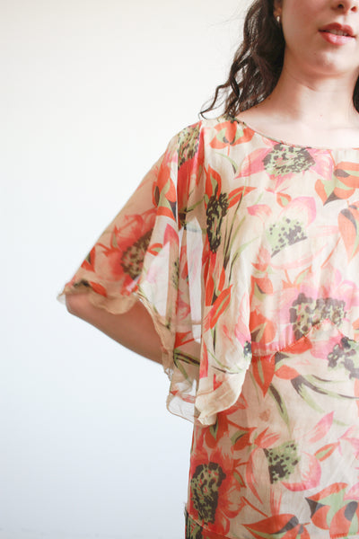 1920s Print Chiffon Capelet Drop Waist Dress