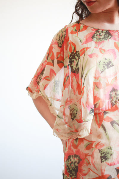 1920s Print Chiffon Capelet Drop Waist Dress